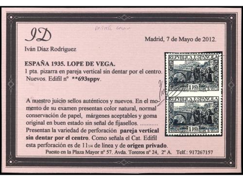 ** ESPAÑA. Ed. 693spph y 693sppv. 1 pta. pizarra. Parejas ho
