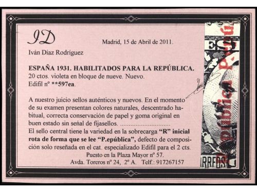 * ESPAÑA. Ed. 593ea y 597ea. 2 cts. y 20 cts. con variedad "