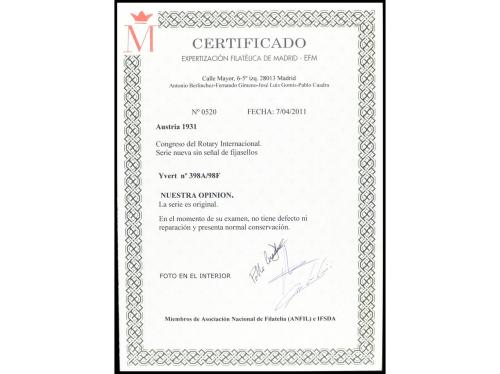 ** AUSTRIA. Yv. 398A/F. SERIE COMPLETA. Cert. EFM. PRECIOSA.