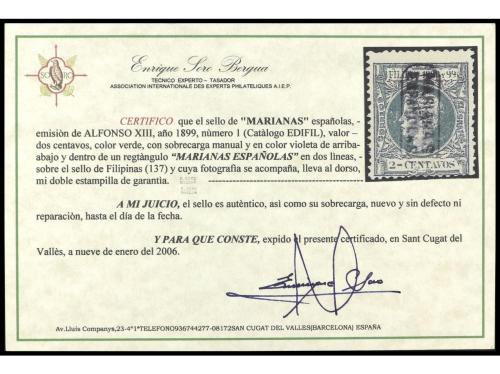 * COLONIAS ESPAÑOLAS: MARIANAS. Ed. 1. 2 centavos verde. Cer