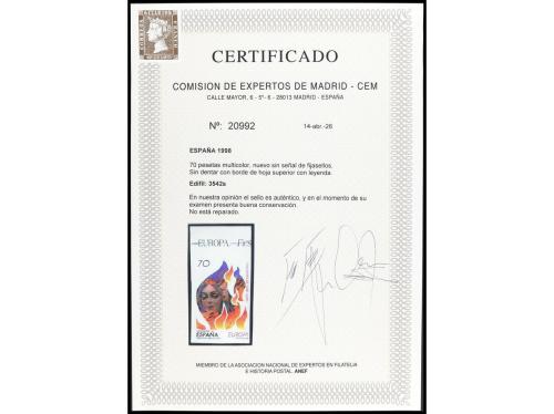 ** ESPAÑA. Ed. 3542s. EUROPA'98. 70 pts. SIN DENTAR con bord
