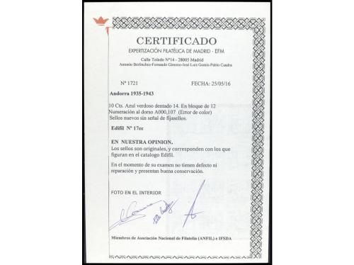 ** ANDORRA. Ed. 17cc. 10 cts. azul verdoso. COLOR CAMBIADO. 
