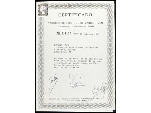 * ESPAÑA. Ed. 70(4). 12 cuartos azul y rosa en bloque de 4. 