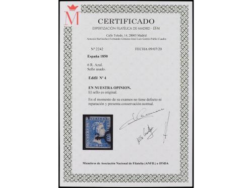 ° ESPAÑA. Ed. 4. 6 reales azul. Tres amplios márgenes. Buen 