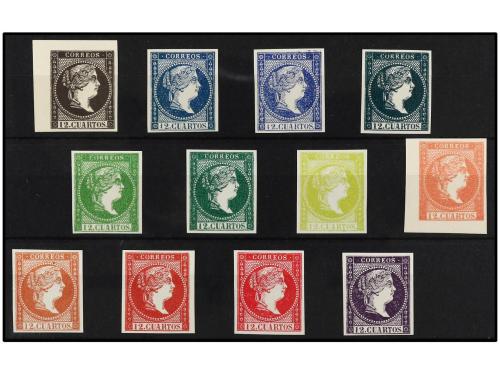 ESPAÑA. ENSAYOS DE COLOR. 12 cuartos. 12 pruebas en diferent