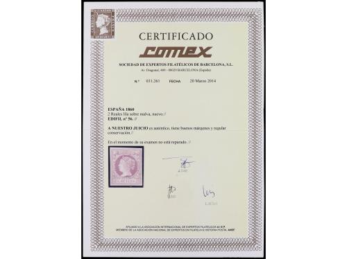 (*) ESPAÑA. Ed. 56. 2 reales lila. LUJO. Cert. COMEX. Cat. 4