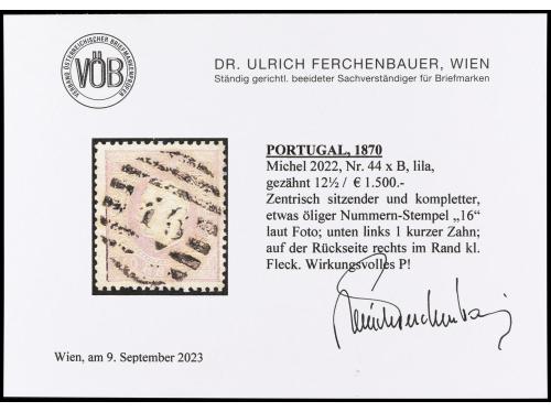 ° PORTUGAL. Yv. 48. 240 reis lila, mat. óvalo con cifra "16"