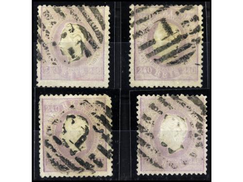 º PORTUGAL. Yv. 48 (4). 240 reis lila. 4 sellos con defecos.
