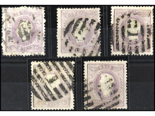 º PORTUGAL. Yv. 34 (5). 24 reis lila. 5 sellos con defectos.