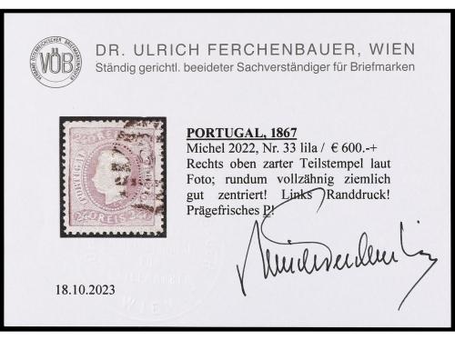 ° PORTUGAL. Yv. 34. 240 reis lila. Muy bonito ejemplar. Cert