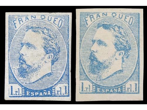 * ESPAÑA. Ed. 156 + 156A. 1 real azul, 2 sellos, con y sin t