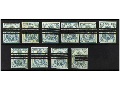 ° ESPAÑA. Ed. 34A (10). 1 real azul claro. 10 sellos BARRADO