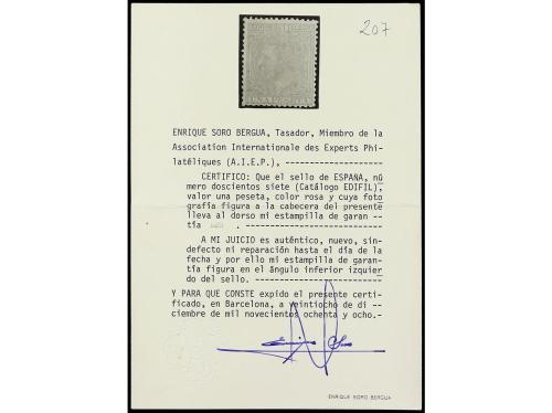 * ESPAÑA. Ed. 207. 1 pta. rosa Bien centrada. Cert. SORO. 