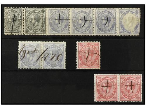 ° ESPAÑA. Ed. 186 y 187. 1 peseta, pareja, tira de cuatro + 