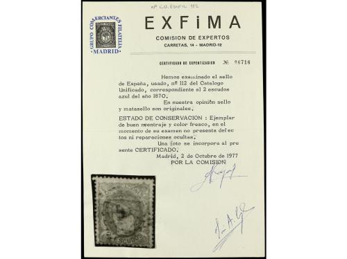 ° ESPAÑA. Ed. 112. 2 escudos azul. Buen ejemplar. Cert. EXFI