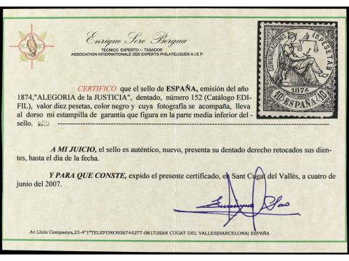 * ESPAÑA. Ed. 152. 10 pesetas negro. Redentado. Cert. SORO. 