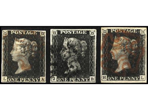 ° GRAN BRETAÑA. Yv. 1 (3). 1840. 1 p. negro, 3 ejemplares c