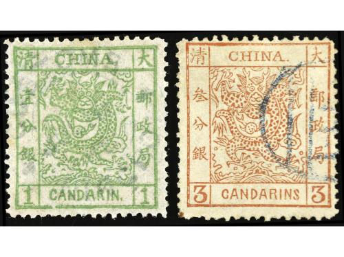 ° CHINA. Yv. 1, 2. 1 c. verde amarillo y 3 c. castaño rojo. 