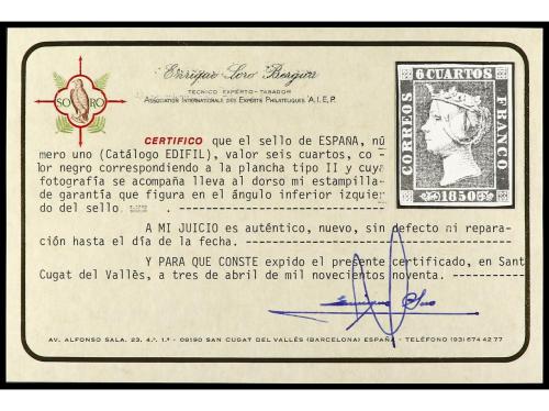 (*) ESPAÑA. Ed. 1A. 6 cuartos negro, plancha II. Márgenes co