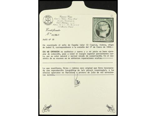 (*) ESPAÑA. Ed. 18. 12 cuartos violeta. Tres amplios márgene