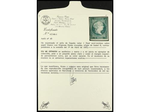 (*) ESPAÑA. Ed. 45. 1 real azul. Pequeño punto claro y marge
