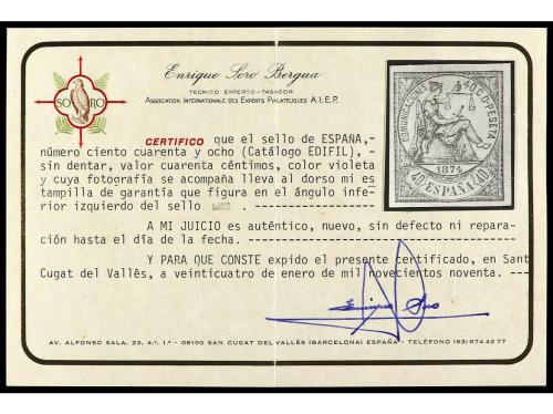 * ESPAÑA. Ed. 148s. 40 céntimos violeta. SIN DENTAR. Cert. S