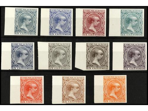 ESPAÑA. Conjunto de 11 ENSAYOS DE COLOR DE 15 c. sin dentar 