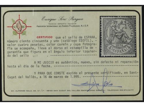 * ESPAÑA. Ed. 151. 4 pts. carmín. Centrado emisión y dentado