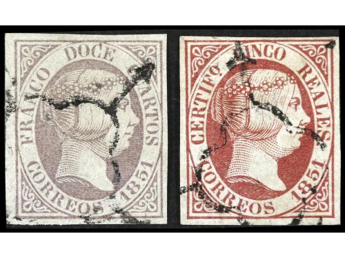 º ESPAÑA. Ed. 7 y º 9. 12 cuartos lila y 5 reales rosa (cert