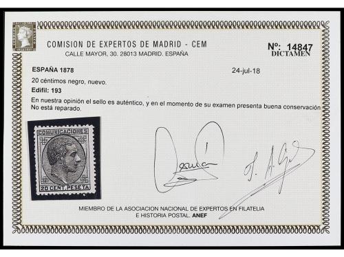 (*) ESPAÑA. Ed. 193. 20 cts. negro. Muy buen ejemplar. Dicta