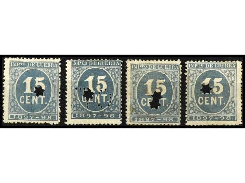 ° ESPAÑA. Ed. 234 (4). 15 cts. verde. 4 sellos con taladro e