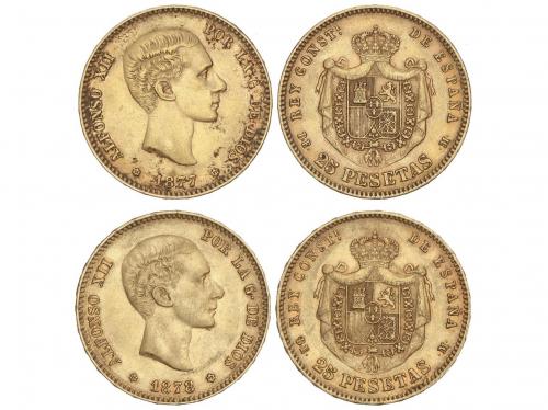 ALFONSO XII. Lote 2 monedas 25 Pesetas. 1877, 1878 (*18-77 y