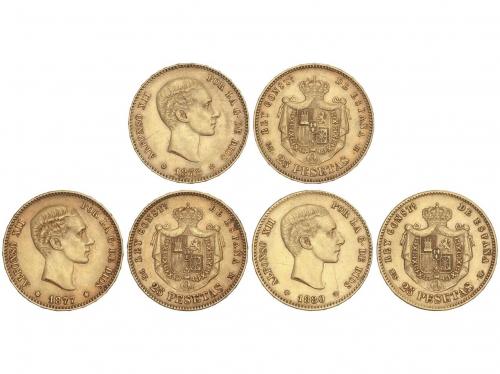 ALFONSO XII. Lote 3 monedas 25 Pesetas. 1877, 1878, 80 (*18-