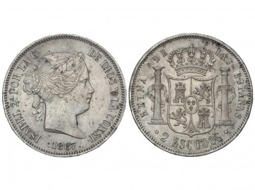 ISABEL II. 2 Escudos. 1867. MADRID. 25,89 grs. (Golpe en anv