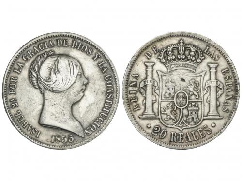 ISABEL II. 20 Reales. 1855/4. SEVILLA. 25,85 grs. Sobrefecha