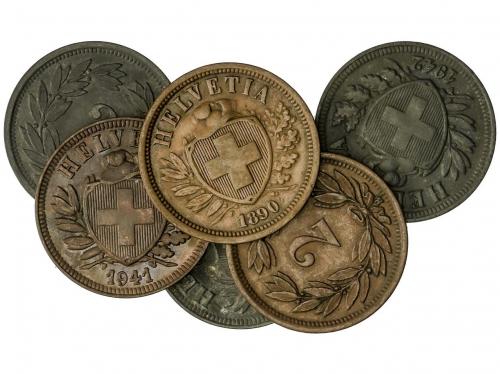 SUIZA. Lote 6 monedas 2 Rappen. 1883 a 1945. Br y Zinc. Toda