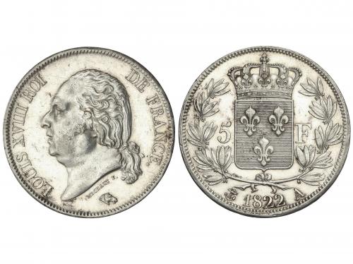 FRANCIA. 5 Francs. 1822-A. LOUIS XVIII. PARÍS. 25 grs. AR. (