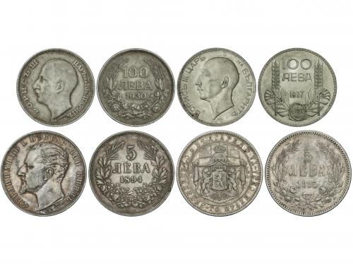 BULGARIA. Lote 4 monedas 5 (2), 100 Leva (2). 1885, 1894, 19