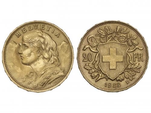 SUIZA. 20 Francs. 1922-B. BERNA. 6,44 grs. AU. Helvetia. (Pe