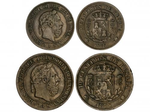 CARLOS VII Pretendiente. Lote 2 monedas 5 y 10 Céntimos. 187