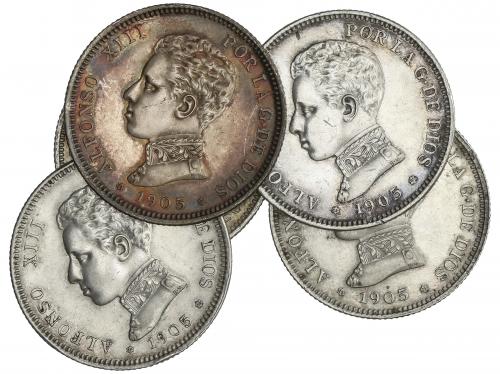 ALFONSO XIII. Lote 5 monedas 2 Pesetas. 1905 (*19-05). A EXA