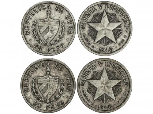 CUBA. Lote 2 monedas 1 Peso. 1915 y 1916. AR. (Golpecitos). 