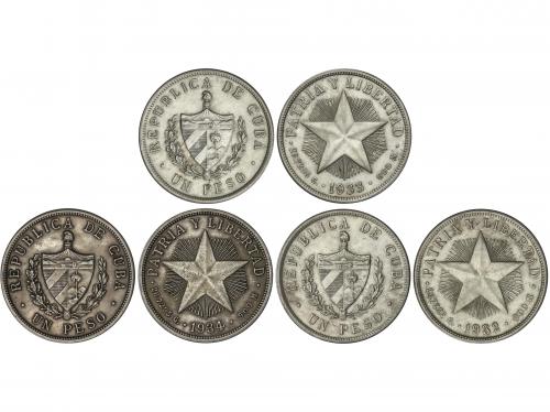 CUBA. Lote 3 monedas 1 Peso. 1932, 1933 y 1934. AR. KM-15.2.