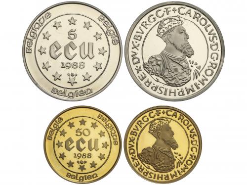 BÉLGICA. Serie 2 monedas 5 y 50 Ecu. 1988. AU: 17,16 grs. AR