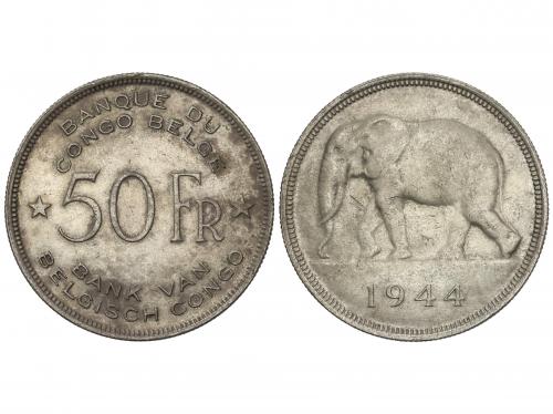 CONGO BELGA. 50 Francs. 1944. 17,38 grs. AR. Elefante. Pátin