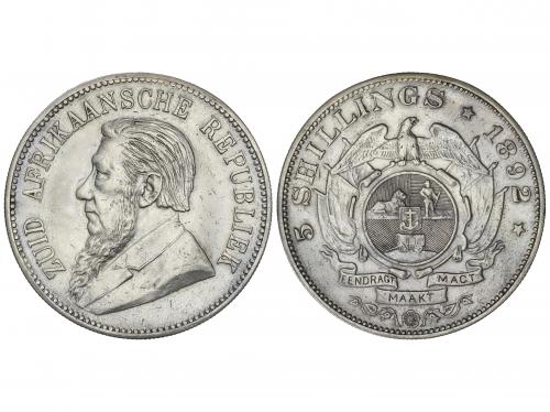SUDÁFRICA. 5 Shillings. 1892. 27,98 grs. AR. Carreta con una
