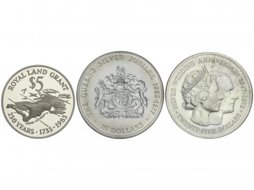 ISLAS CAYMÁN. Lote 3 monedas 5, 25 Dollars (2). 1972, 1975, 