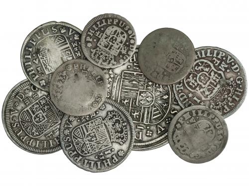 FELIPE V. Lote 9 monedas 1/2 (4), 1 (4), 2 Reales. 1717 a 17