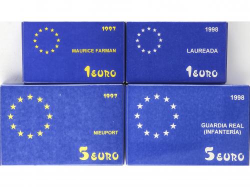JUAN CARLOS I. Lote 4 monedas 1 (2) y 5 (2) Euro. 1997 y 199