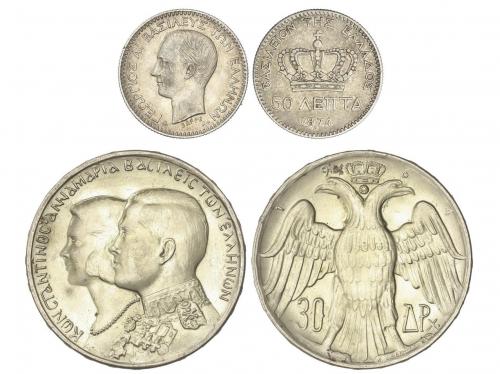 GRECIA. Lote 2 monedas 50 Lepta y 30 Drachmai. 1874 y 1964. 
